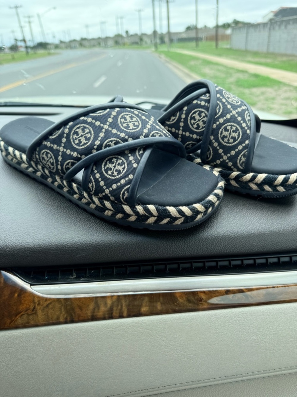 Tory Burch Black and Cream Logo Espadrille Slide Sandals